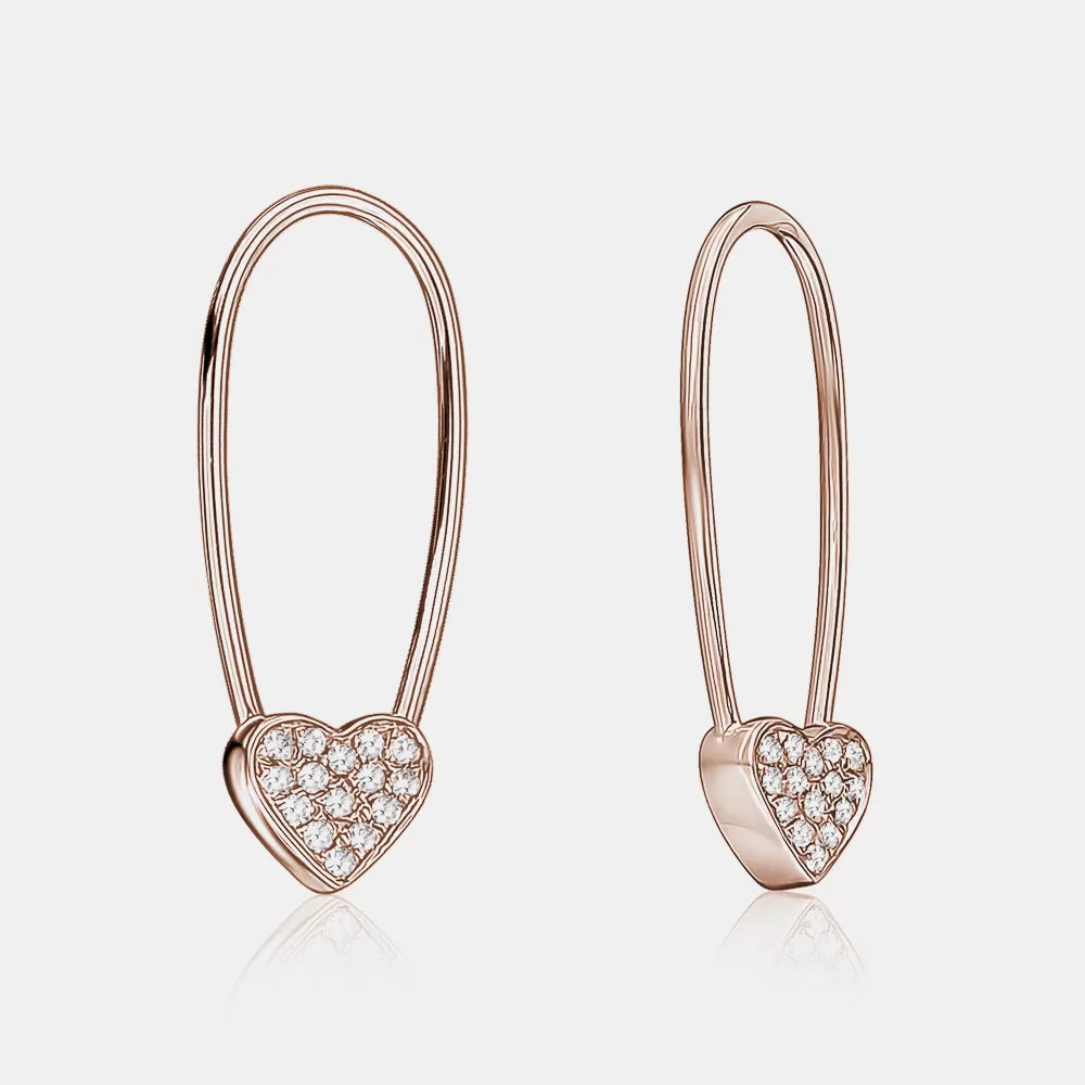 Diamond Heart Safety Pin Earrings