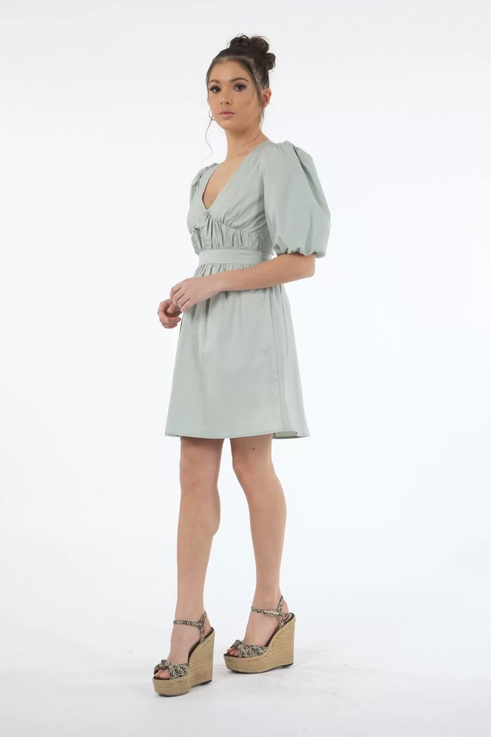 Double Second Sage Volume Sleeve Ruched Dress