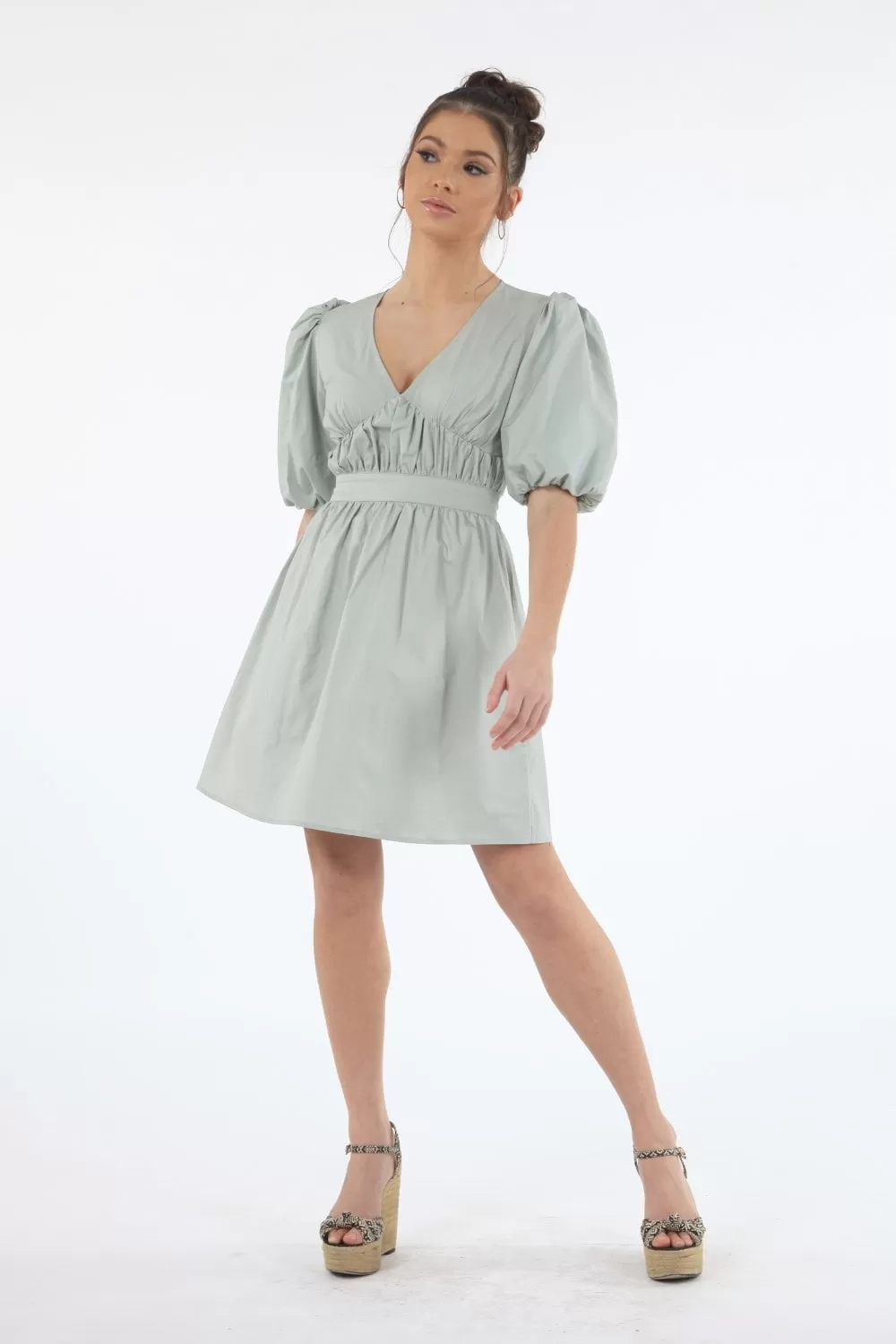 Double Second Sage Volume Sleeve Ruched Dress