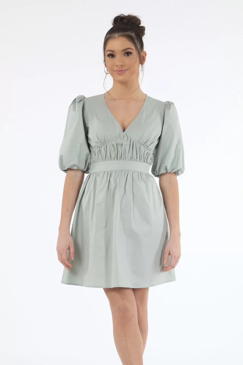 Double Second Sage Volume Sleeve Ruched Dress