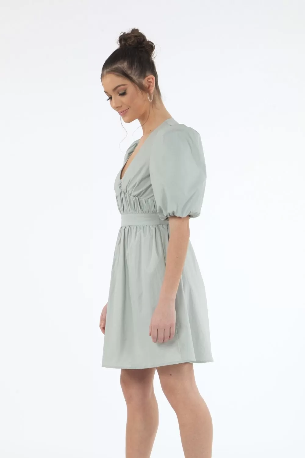 Double Second Sage Volume Sleeve Ruched Dress