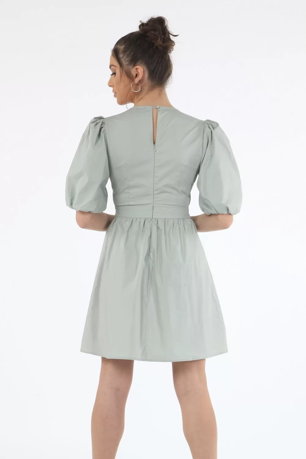 Double Second Sage Volume Sleeve Ruched Dress