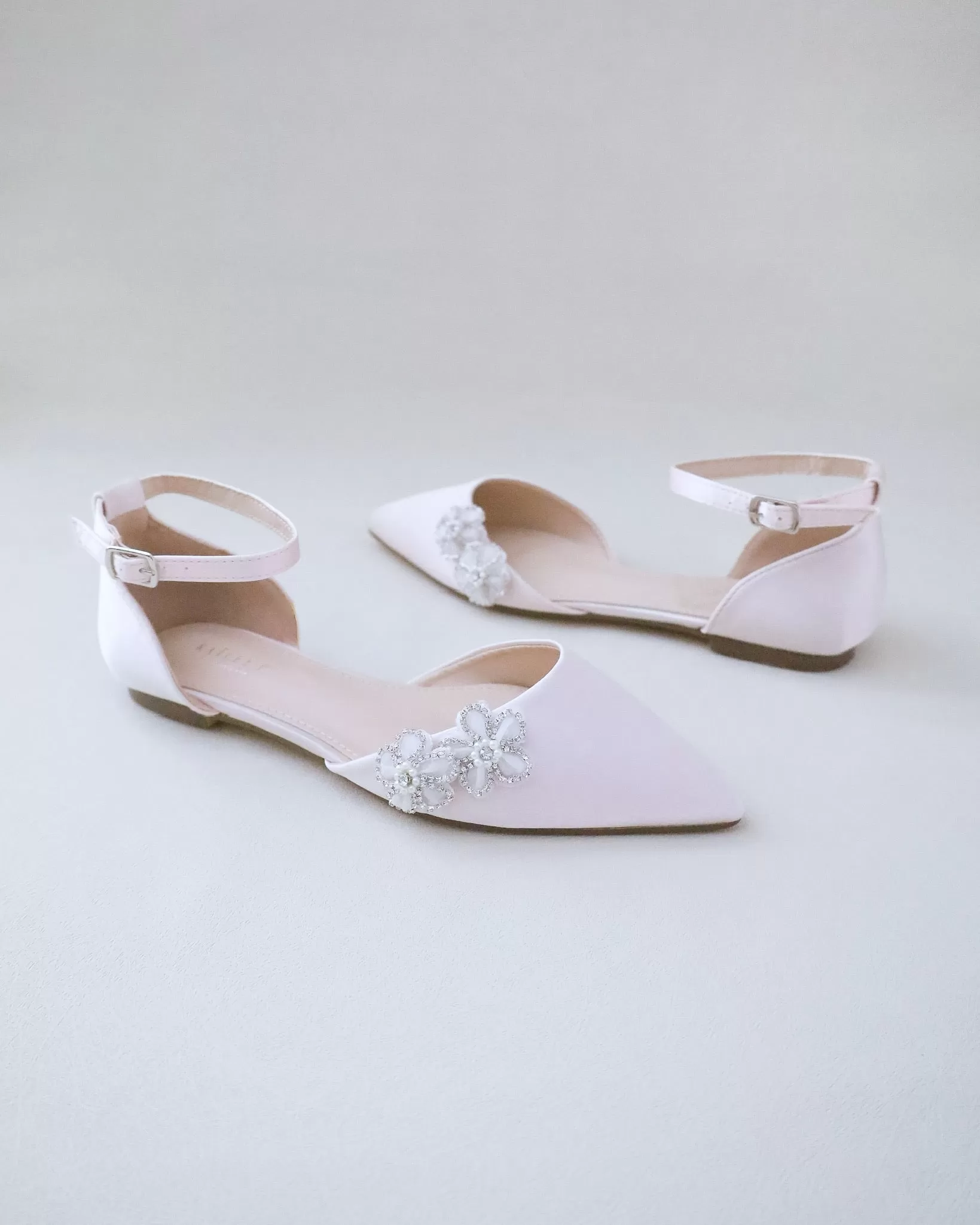 Dusty Pink Satin Pointy Toe Evening Flats with Rhinestones Chassia Flower