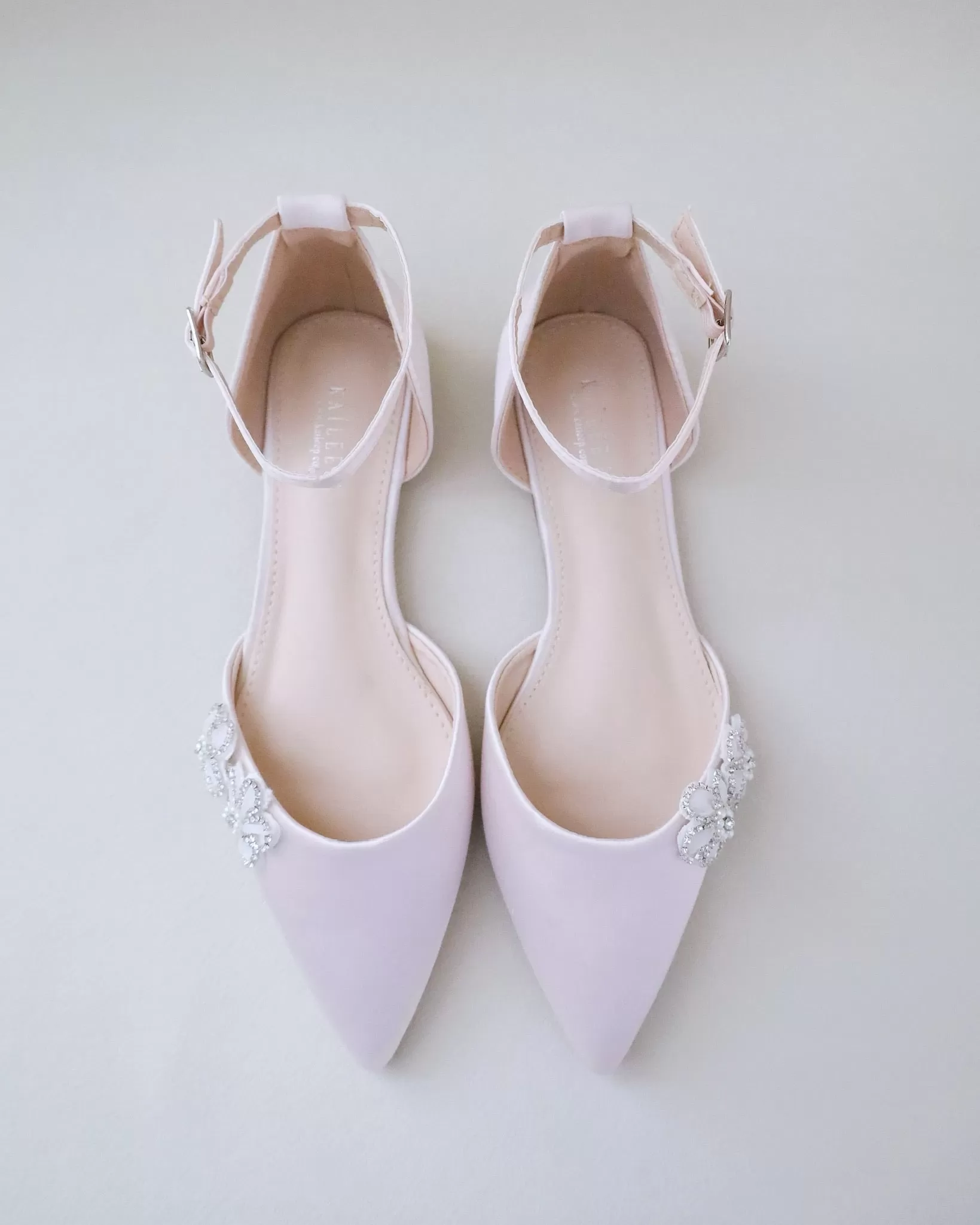 Dusty Pink Satin Pointy Toe Evening Flats with Rhinestones Chassia Flower