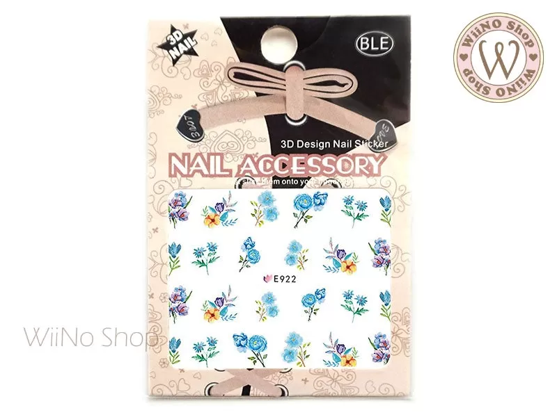 E922 Blue Watercolor Floral Adhesive Nail Art Sticker - 1 pc