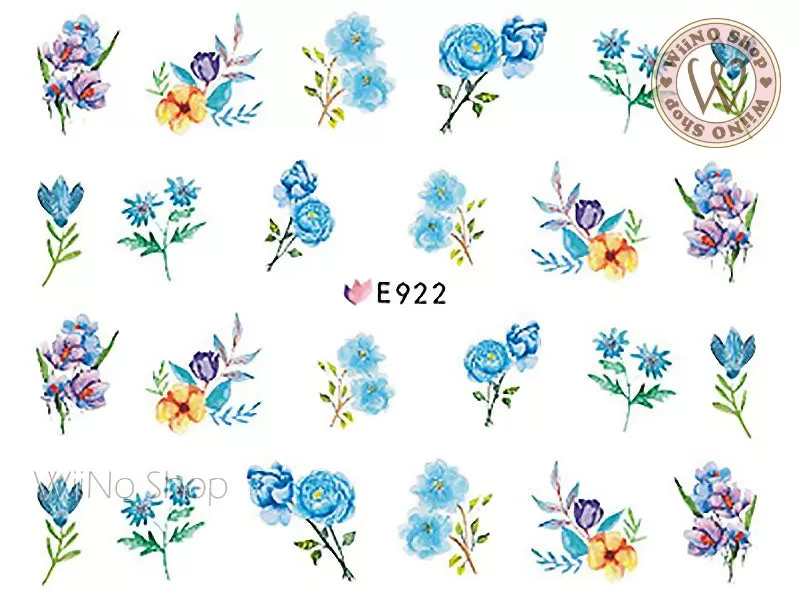 E922 Blue Watercolor Floral Adhesive Nail Art Sticker - 1 pc