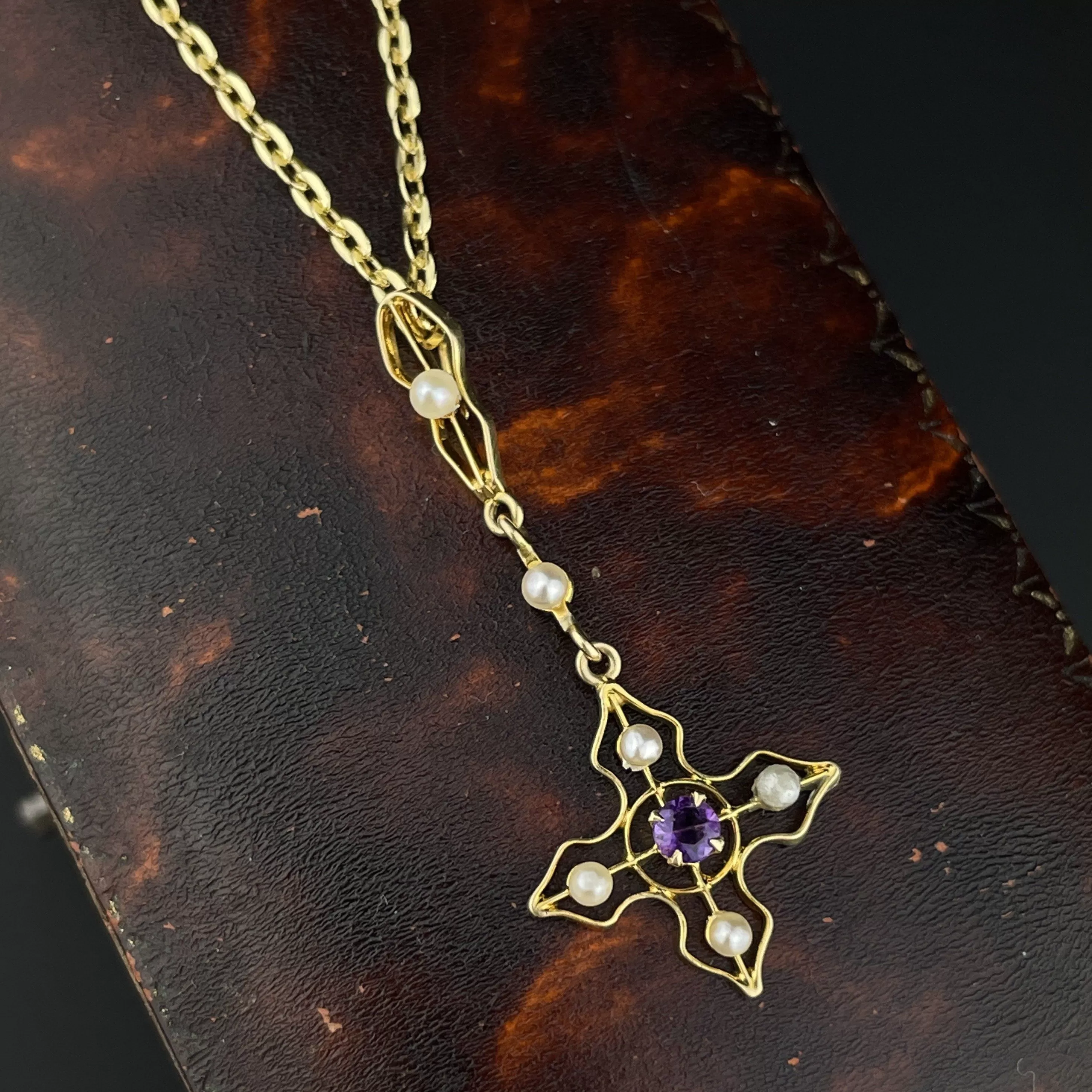 Edwardian 10K Gold Amethyst Seed Pearl Lavaliere Pendant