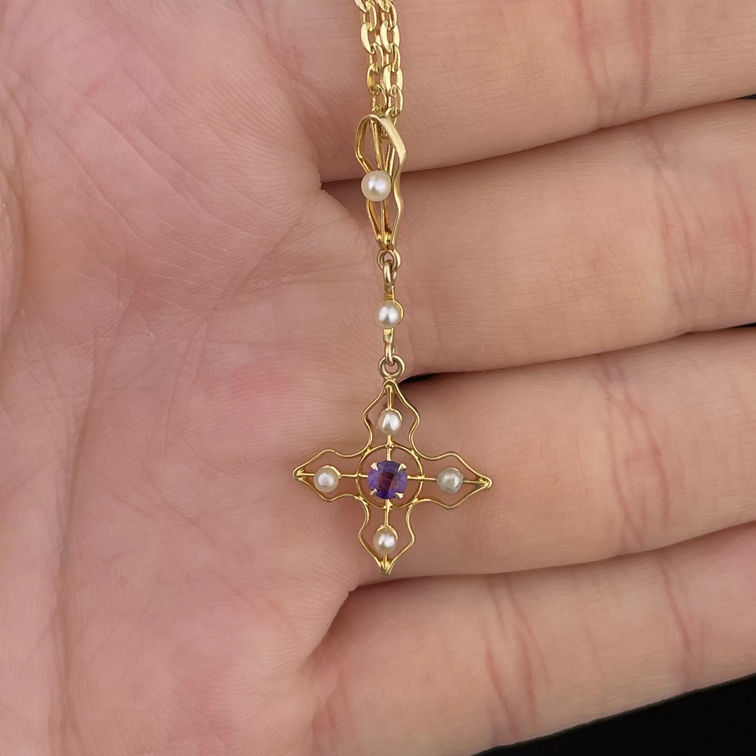 Edwardian 10K Gold Amethyst Seed Pearl Lavaliere Pendant