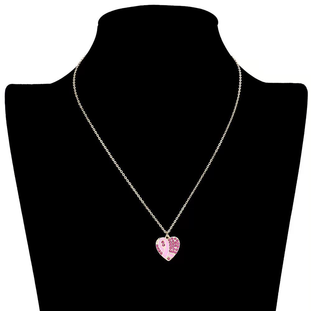 Enamel Pink Ribbon Rhinestone Heart Pendant Necklace