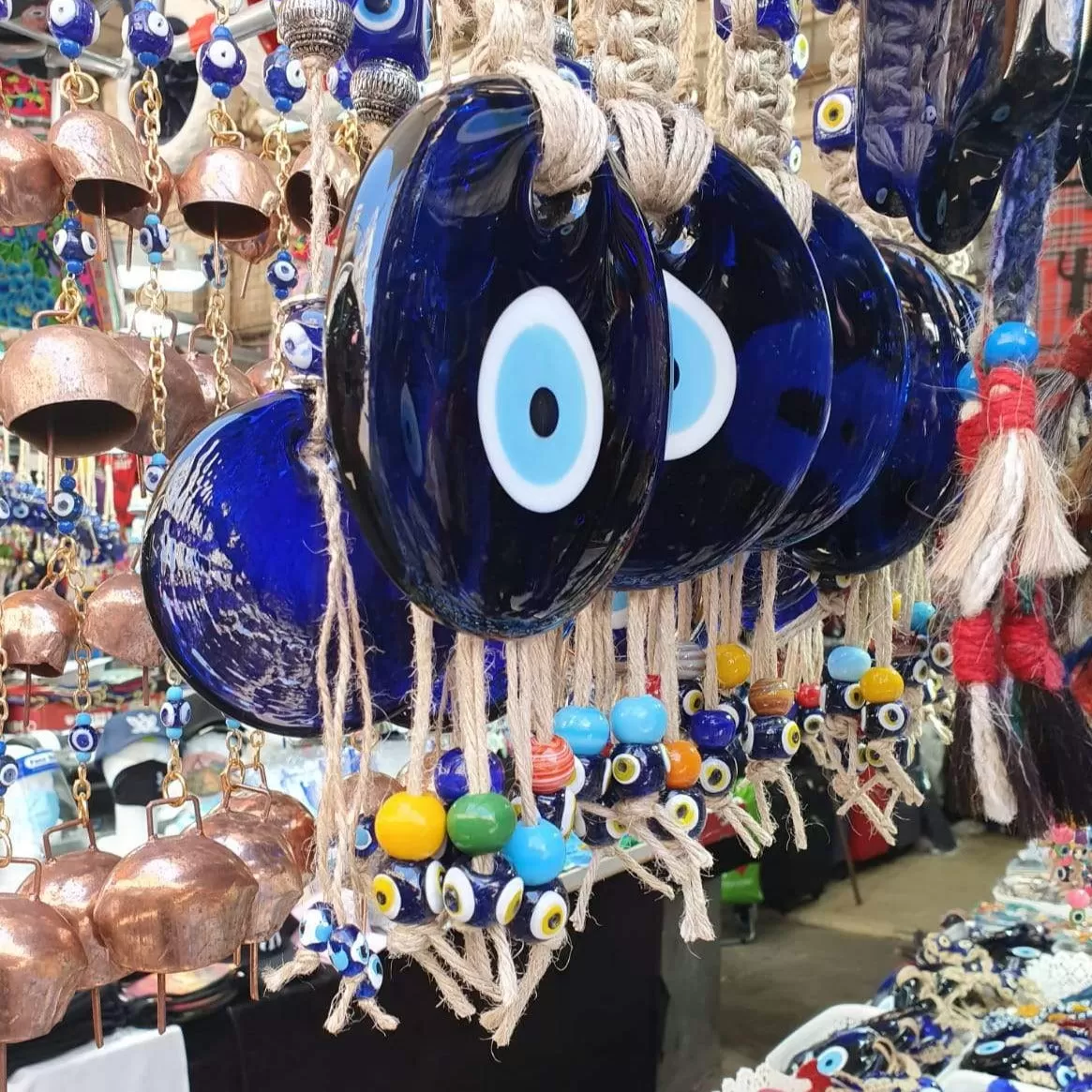 Evil Eye Blue Glass Souvenir Luck and Blue Eyes Symbols and beads on a rope.