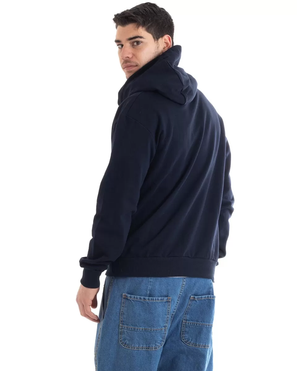 Felpa Con Cappuccio Uomo Basic Tinta Unita Blu Comoda Relaxed Fit Cotone GIOSAL-F2976A