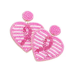 Felt Back Sequin Pink Ribbon Pointed Beaded Heart Earrings