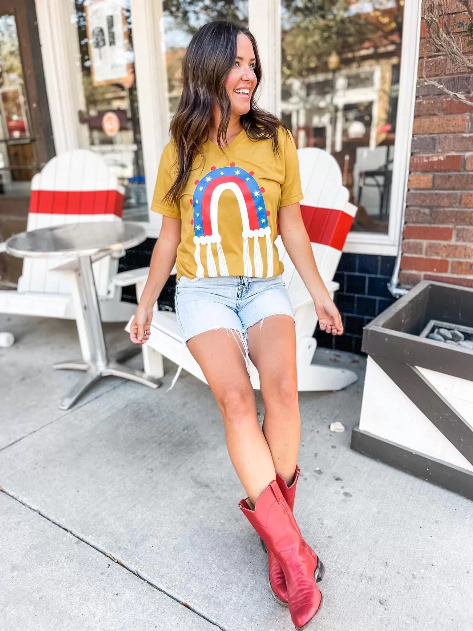 {FREEDOM RAINBOW} Patriotic Rainbow Heather Mustard V-Neck Tee