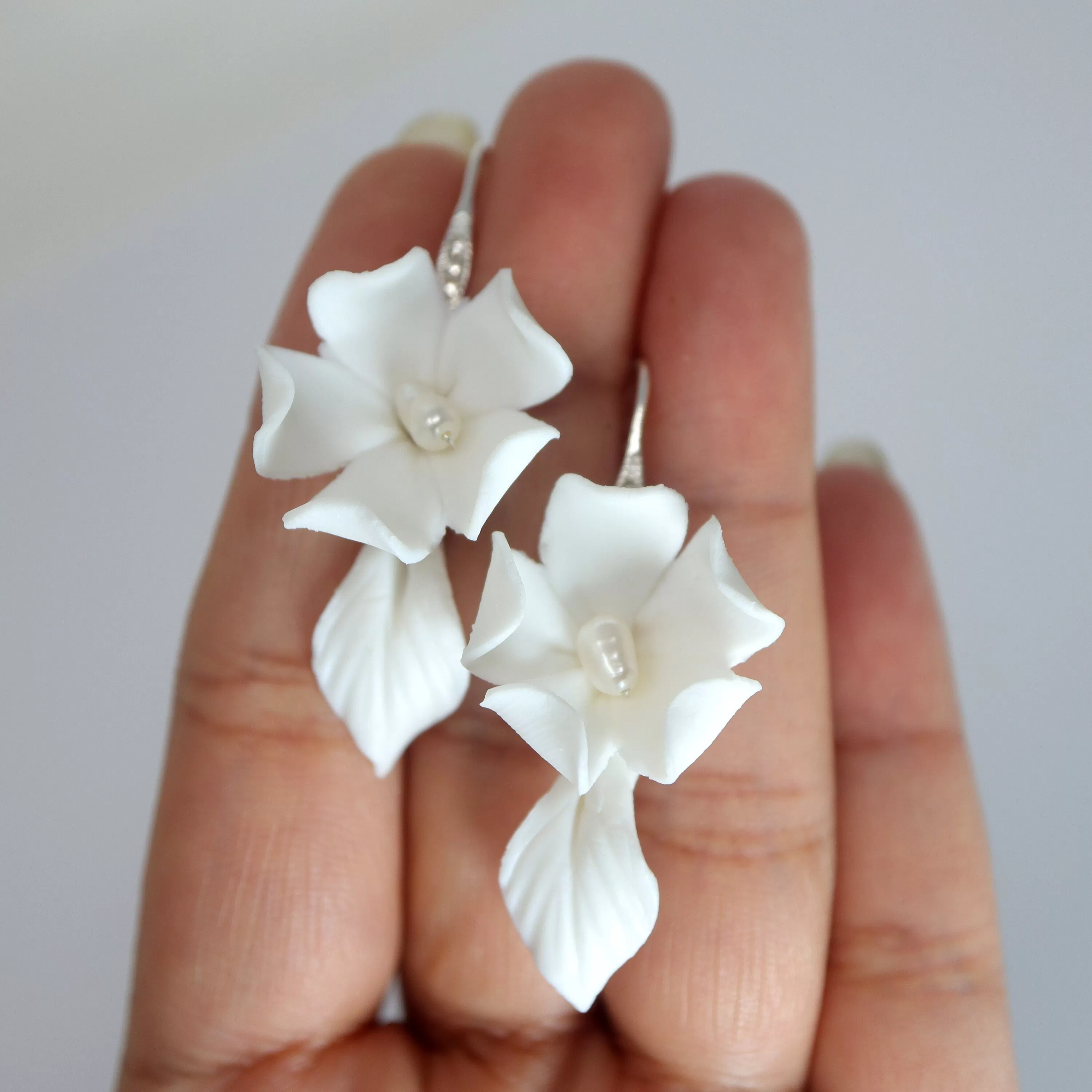 Freshwater Cultured Pearl Ceramic White Flower Hook Rhinestone Earrings, Long Bridal Earring, Pearl Bridal Earrings, Statement Earrings.