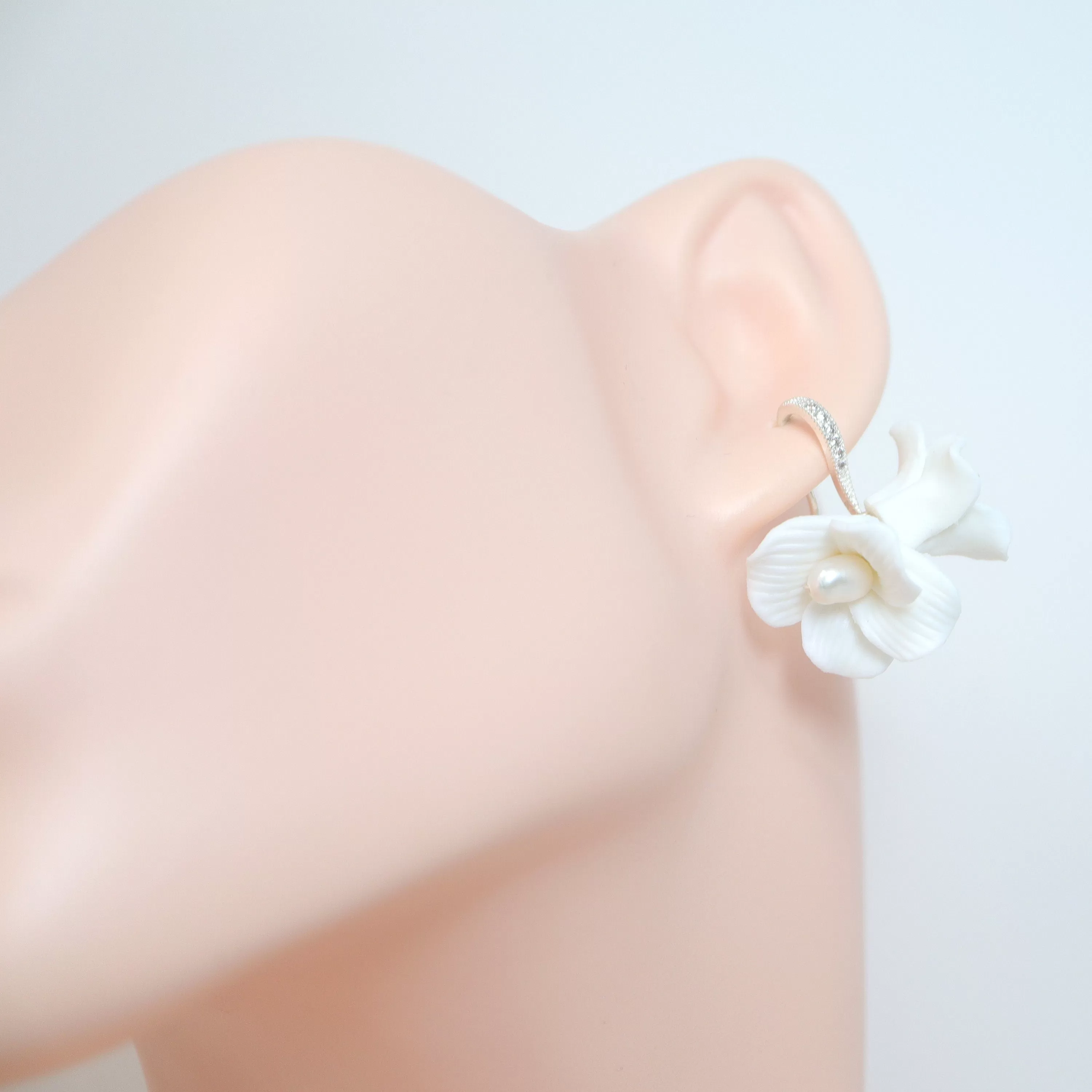 Freshwater Cultured Pearl Ceramic White Two Flower Hook Rhinestone Earrings, Long Bridal Earring, Pearl Bridal Earrings, Statement Earrings.