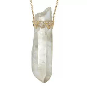 Gold Diamond and Clear Quartz Crystal Pendant Necklace