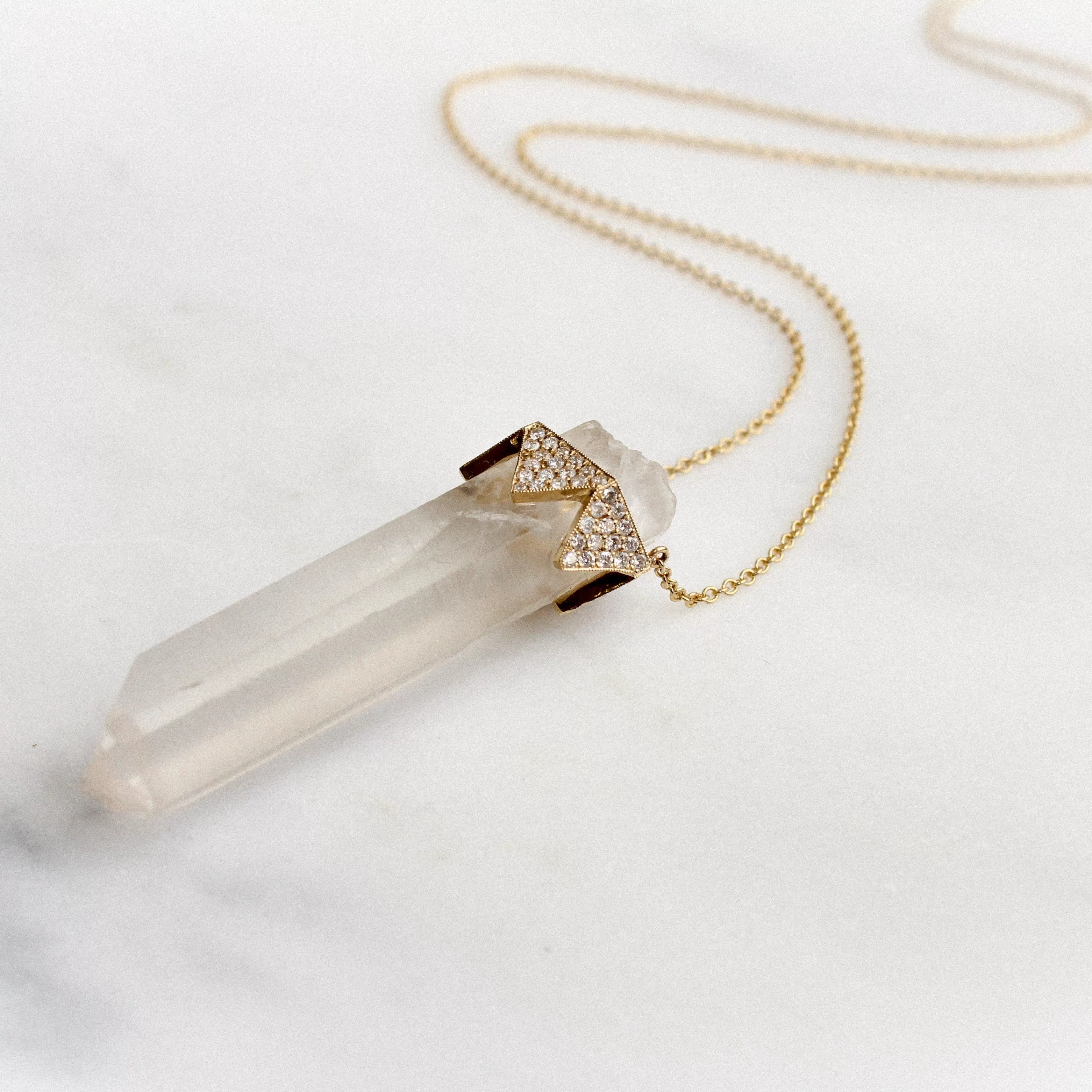 Gold Diamond and Clear Quartz Crystal Pendant Necklace