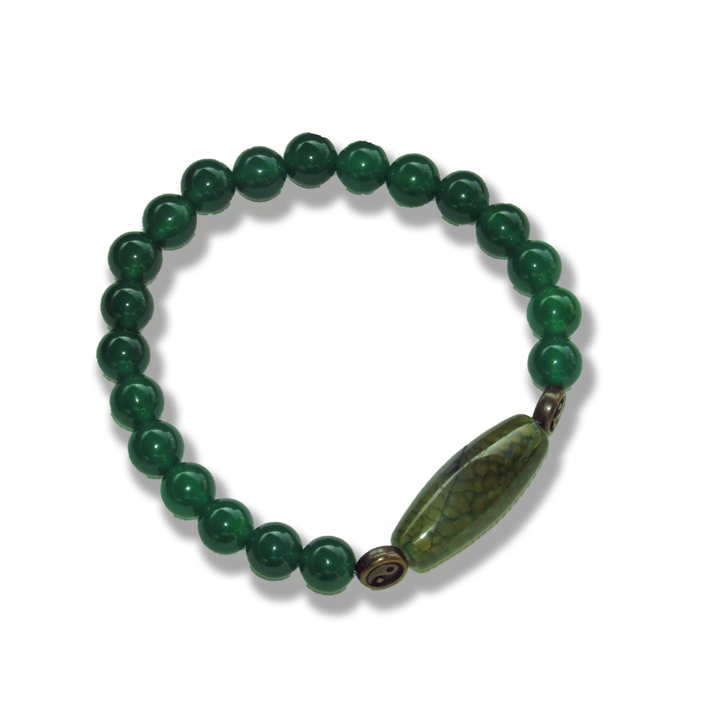 Green onyx gemstone, brass Yin Yang, and Dragon Vein Agate stretch bracelet