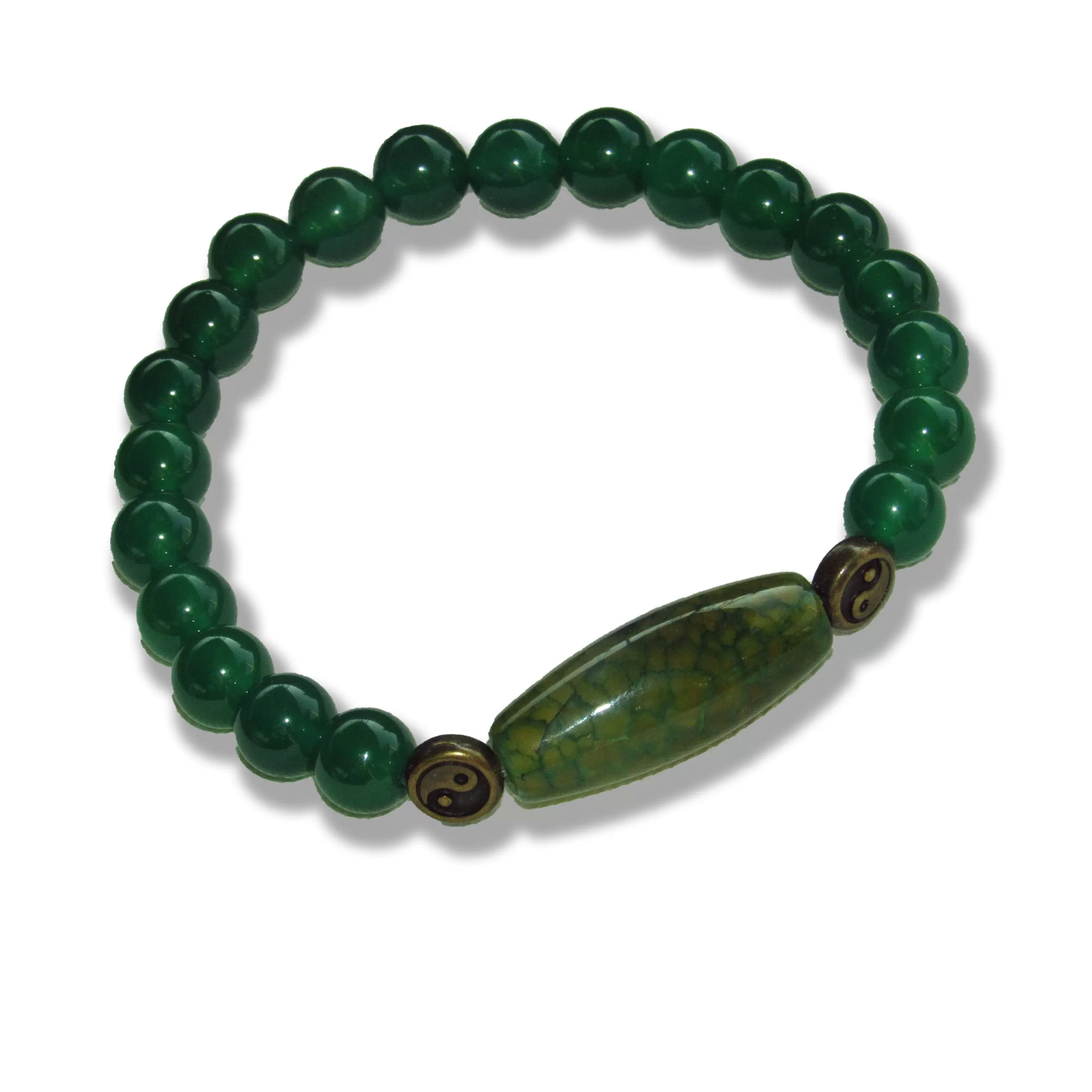 Green onyx gemstone, brass Yin Yang, and Dragon Vein Agate stretch bracelet