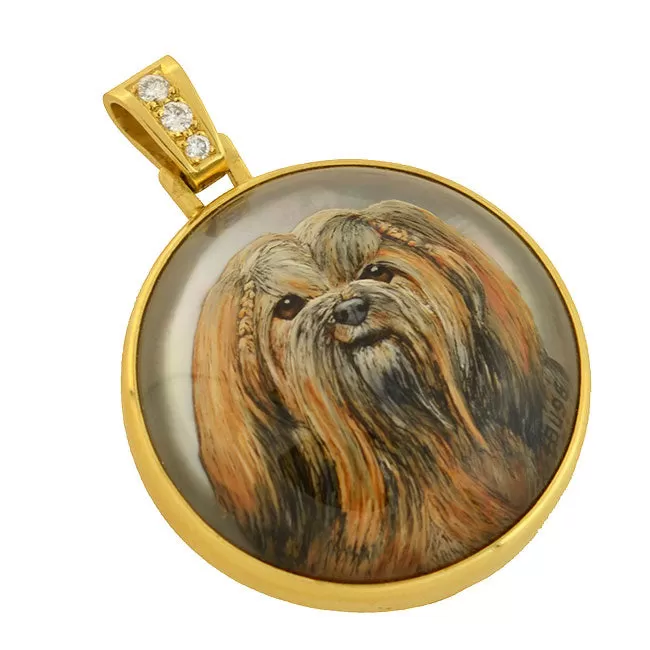 H. BUSSMER Vintage 18kt Reverse Carved Rock Crystal Shih Tzu Dog Pendant