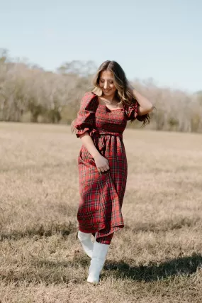 Holiday Red Plaid Midi Dress