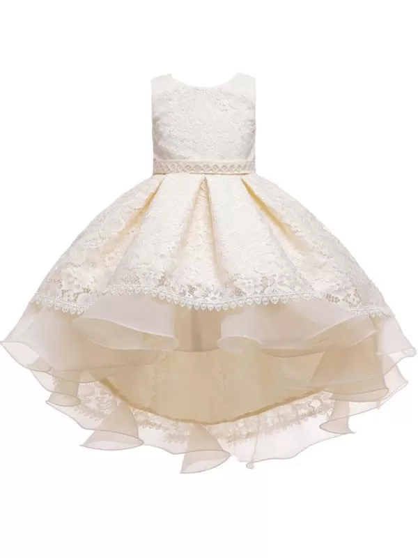 Jewel Neck Hi-Lo Flower Girl Dresses With Train Floral Lace Princess Wedding Party Dress