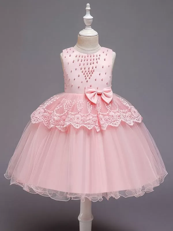 Jewel Neck Tulle Sleeveless Flower Girl Dresses Pink Princess Silhouette Formal Kids Dress