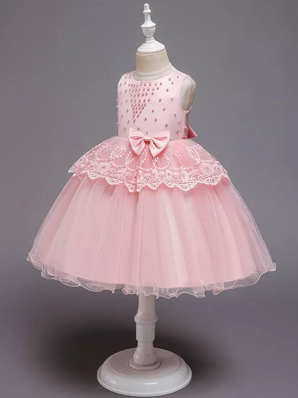 Jewel Neck Tulle Sleeveless Flower Girl Dresses Pink Princess Silhouette Formal Kids Dress