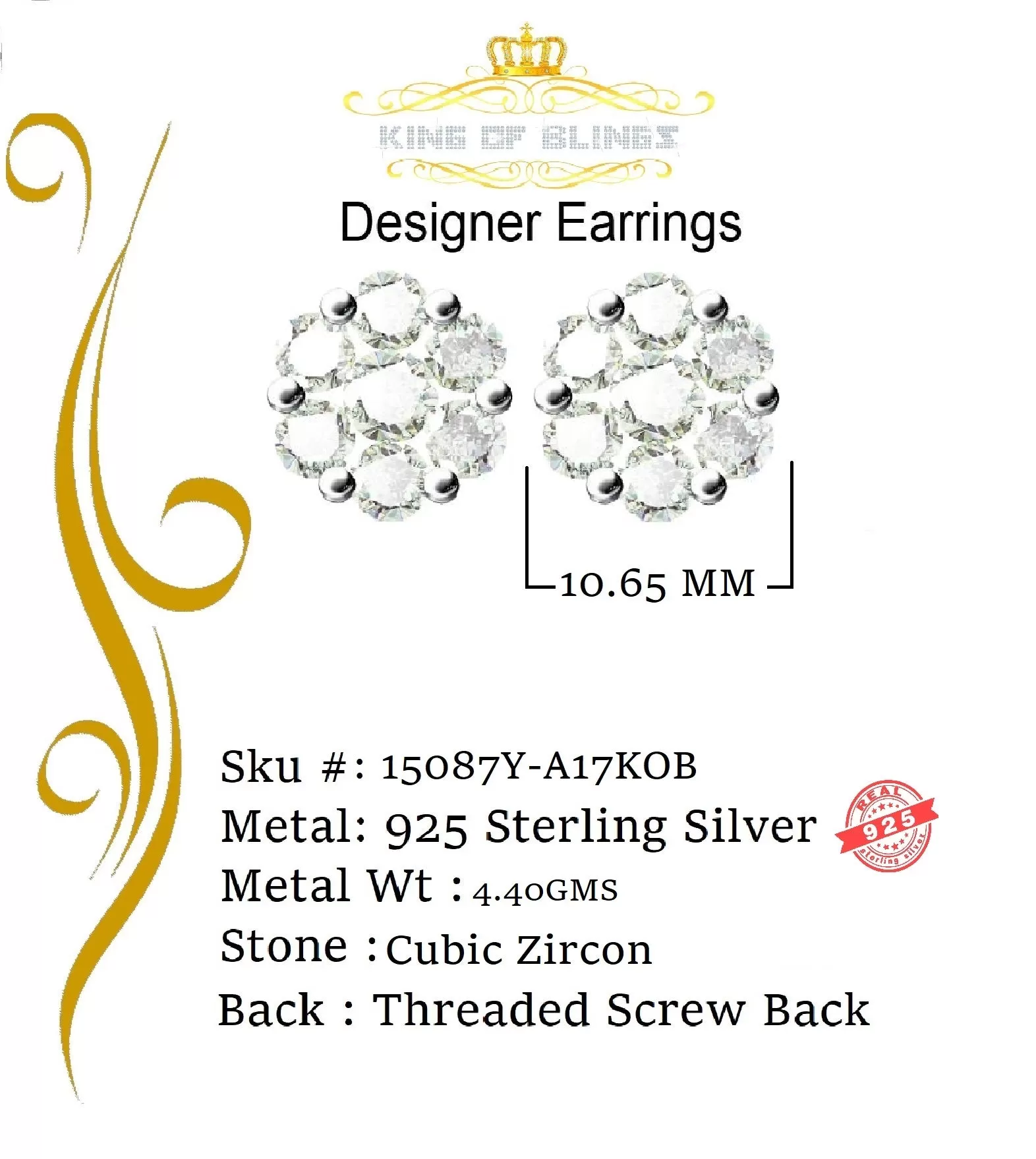 King of Bling's 925 Yellow Silver 0.96ct Cubic Zirconia Women's & Men's Hip Hop Floral Earrings