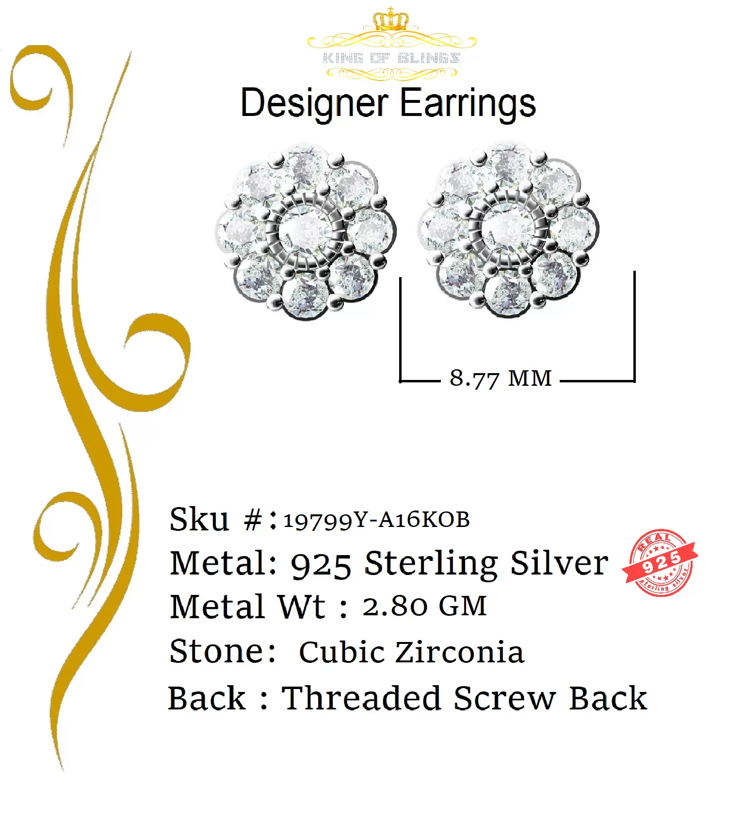 King of Bling's 925 Yellow Silver 2.88ct Cubic Zirconia Women's & Men's Hip Hop Floral Earrings