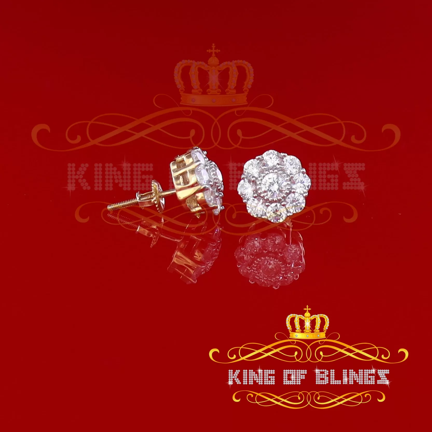 King of Bling's 925 Yellow Silver 2.88ct Cubic Zirconia Women's & Men's Hip Hop Floral Earrings