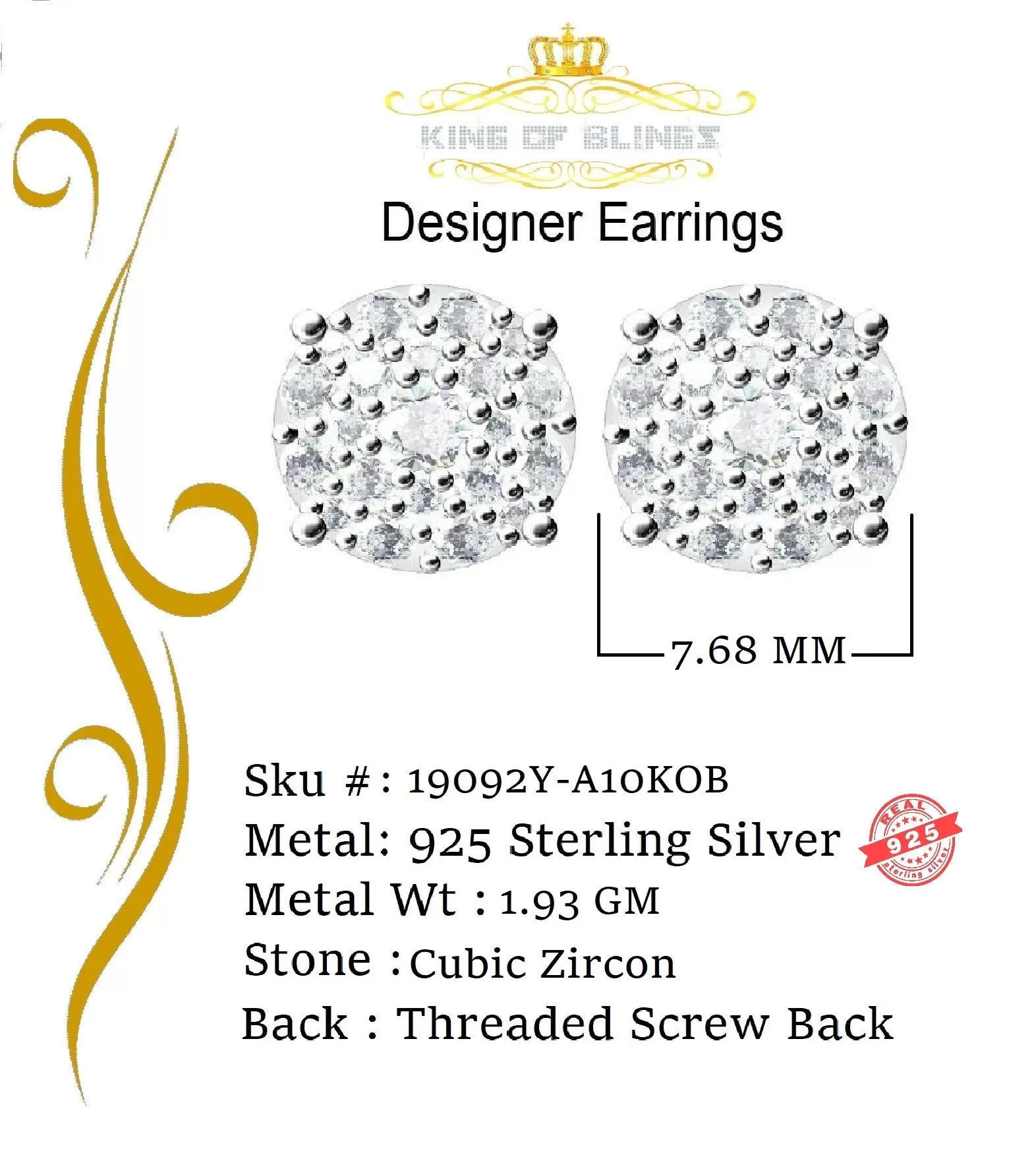 King of Bling's Aretes Para Hombre 925 Yellow Silver 0.66ct Cubic Zirconia Round Women's Earring