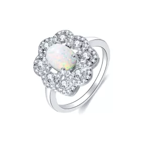 Lab-Created Opal and White Topaz Flower Frame Ring in Sterling Silver