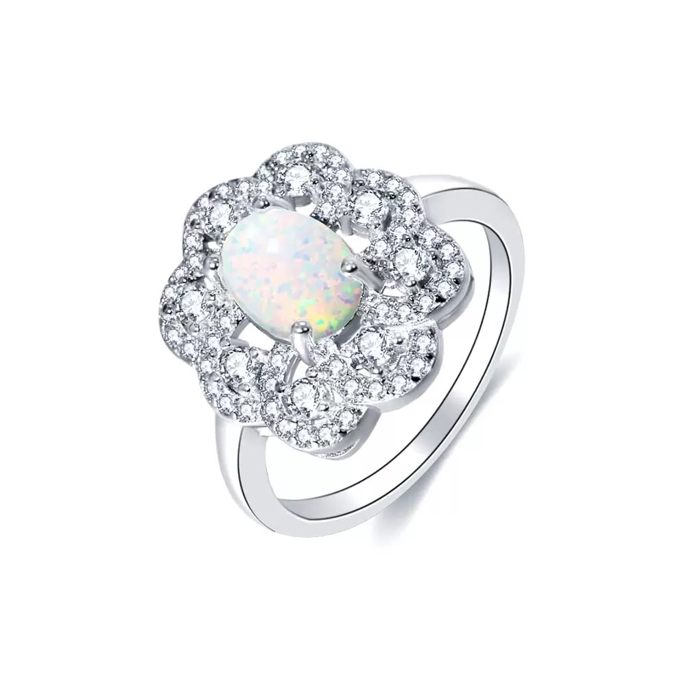 Lab-Created Opal and White Topaz Flower Frame Ring in Sterling Silver