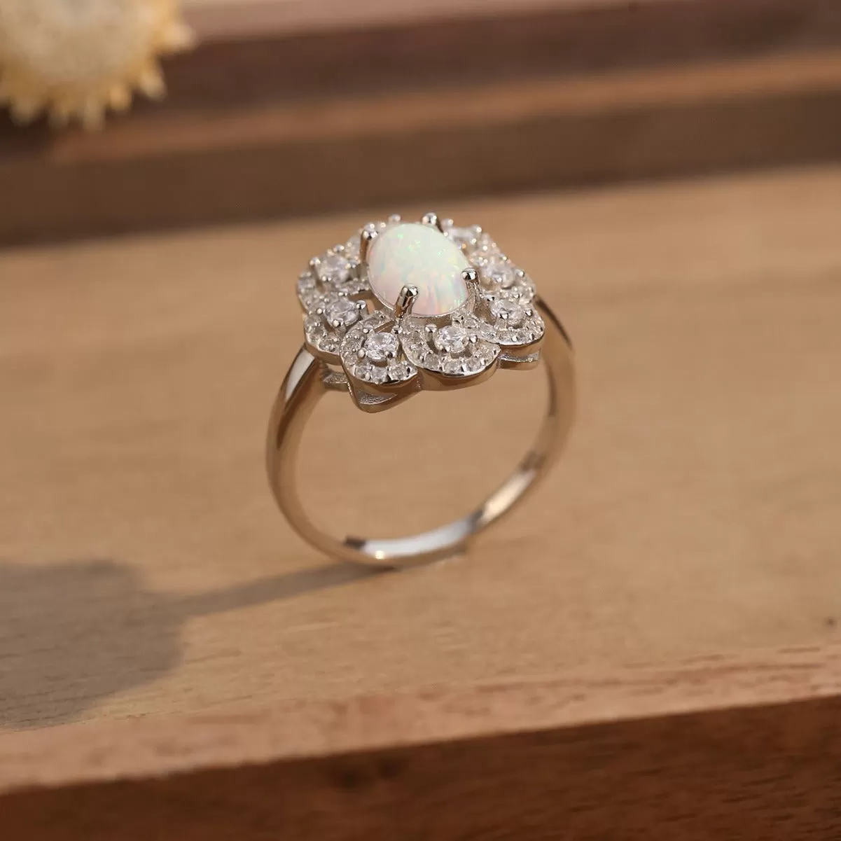 Lab-Created Opal and White Topaz Flower Frame Ring in Sterling Silver