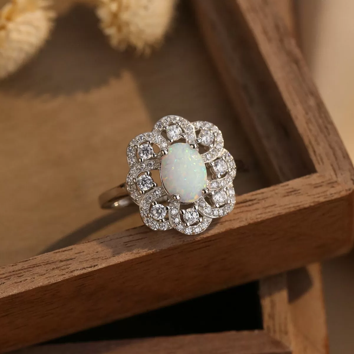 Lab-Created Opal and White Topaz Flower Frame Ring in Sterling Silver