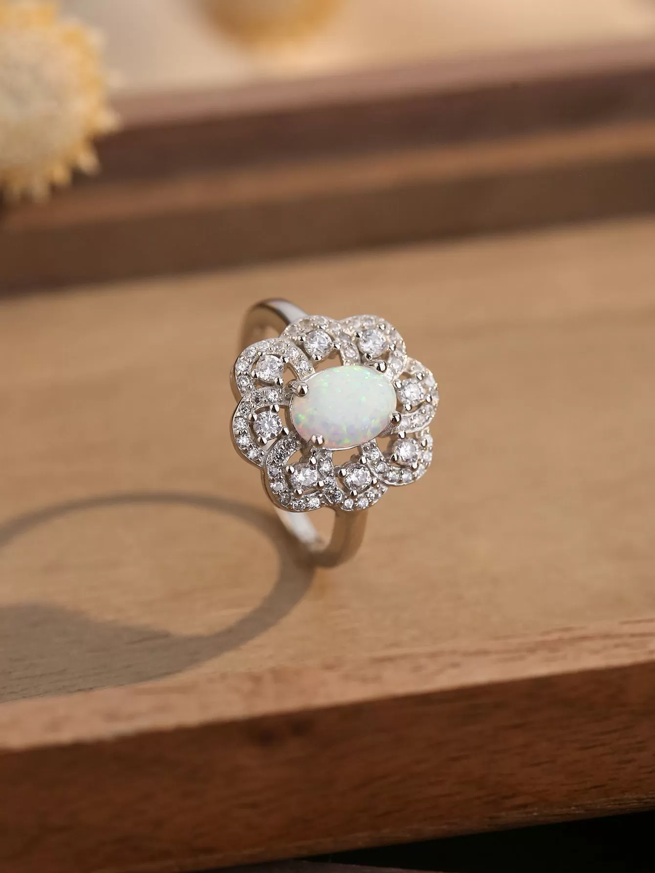 Lab-Created Opal and White Topaz Flower Frame Ring in Sterling Silver