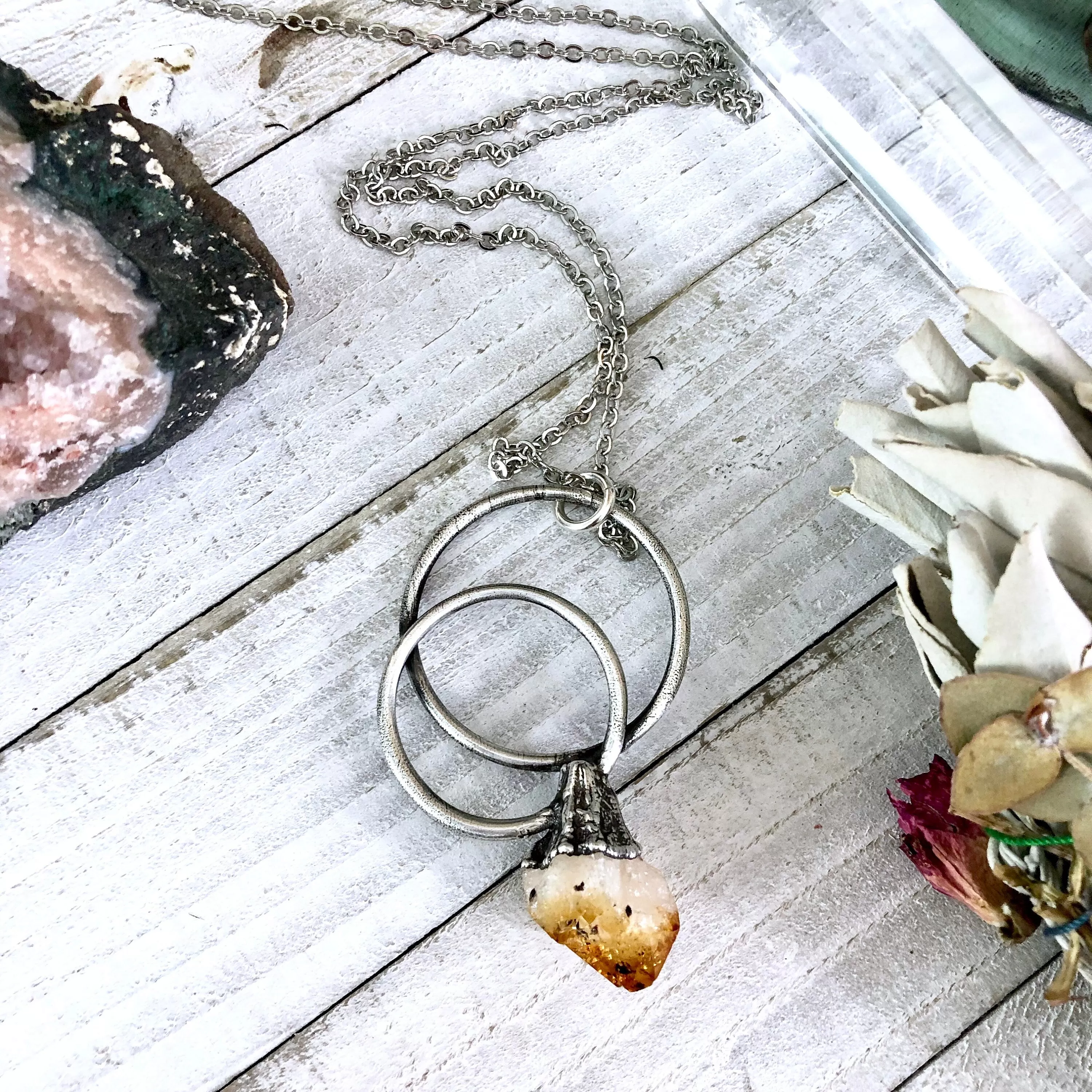 Large Citrine Necklace / Big Crystal Necklace Silver