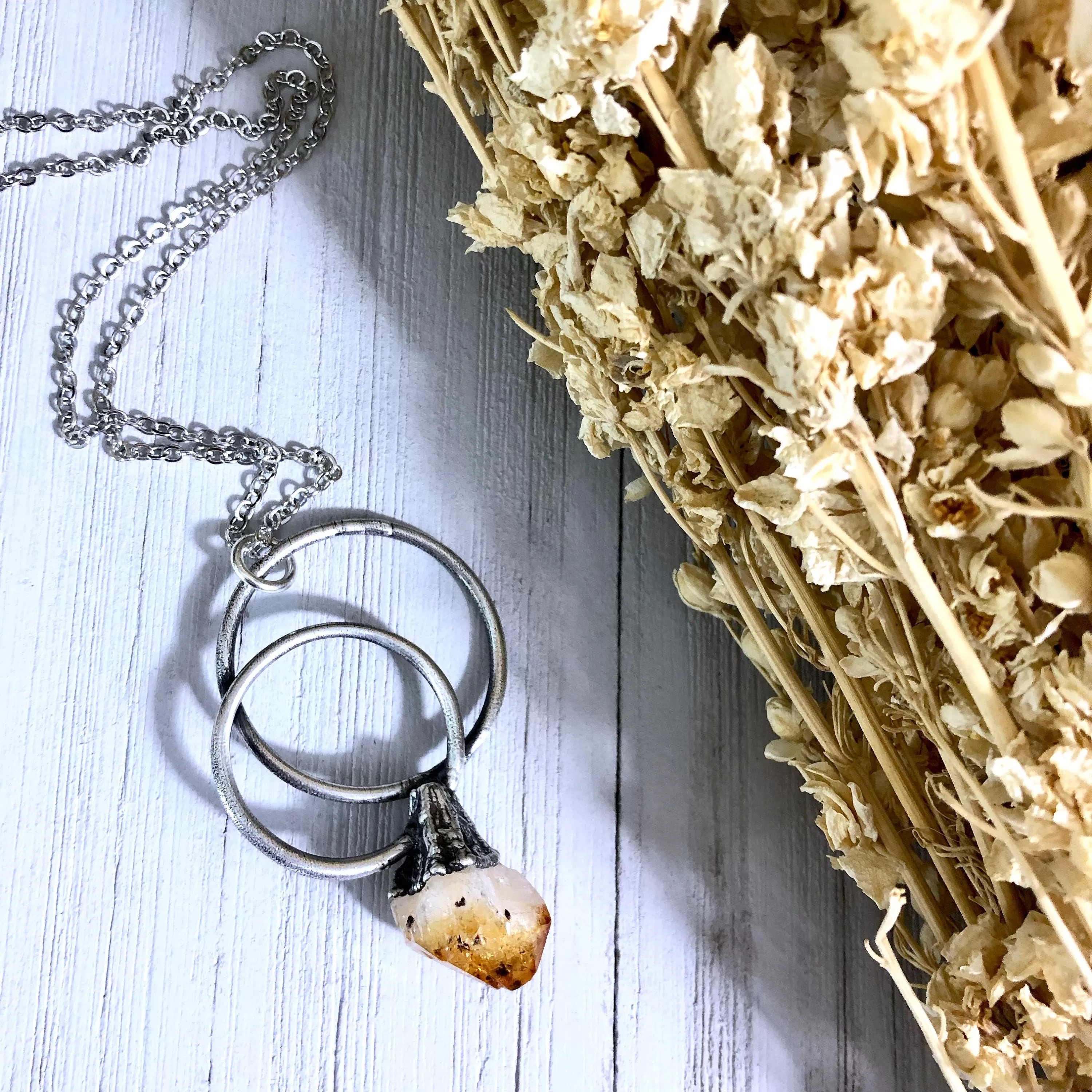 Large Citrine Necklace / Big Crystal Necklace Silver