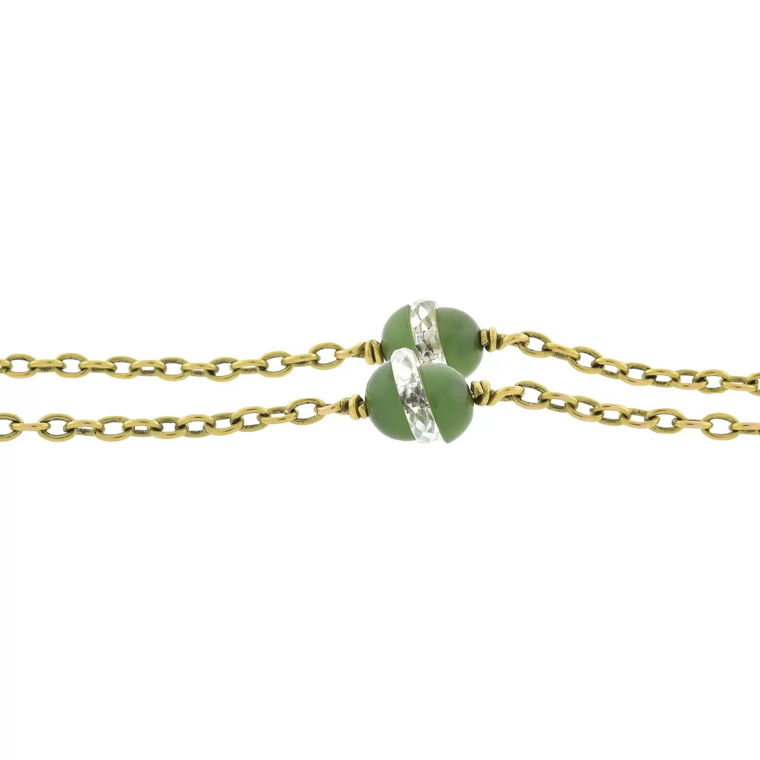 Late Victorian 14kt Rock Quartz Crystal   Jade Chain Necklace