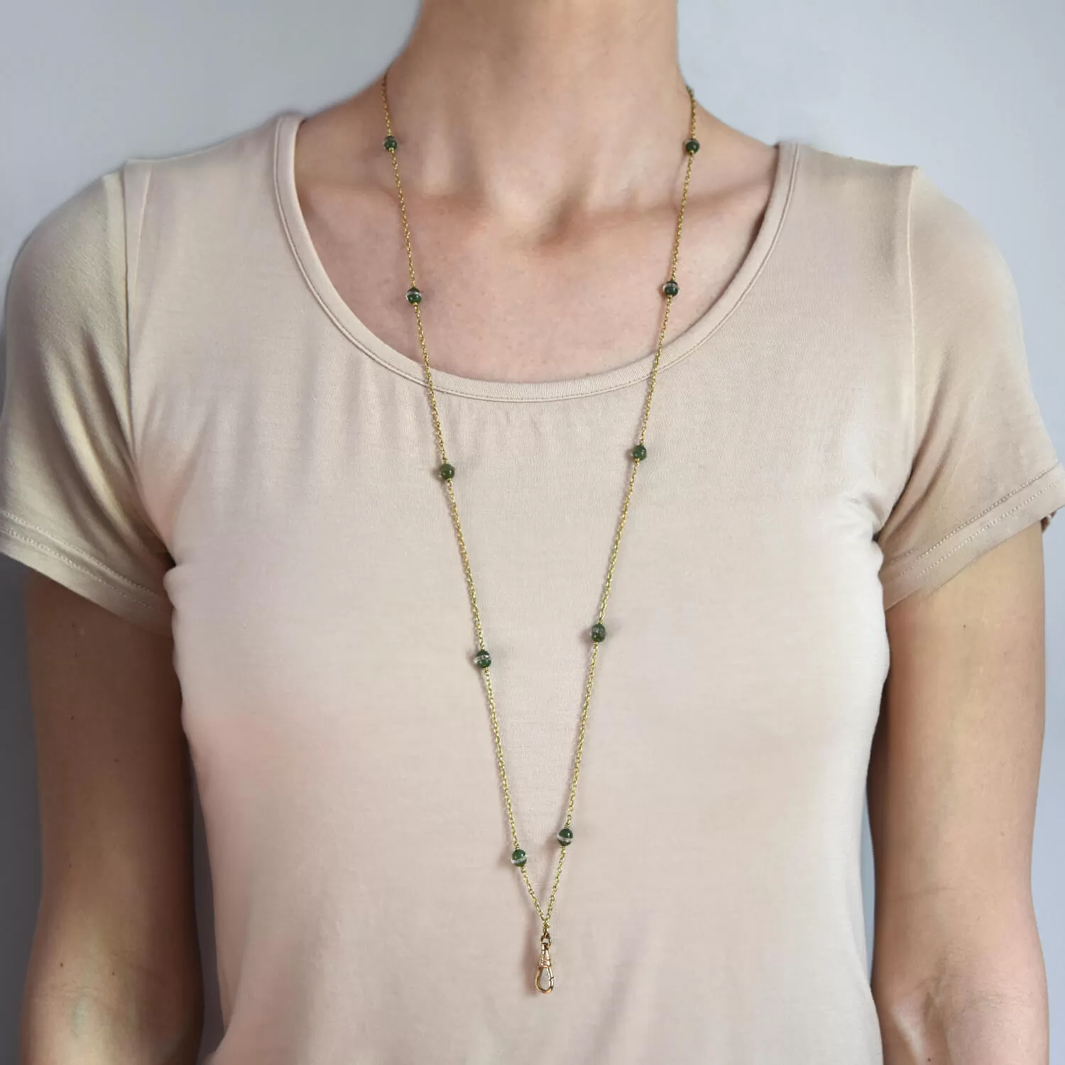 Late Victorian 14kt Rock Quartz Crystal   Jade Chain Necklace