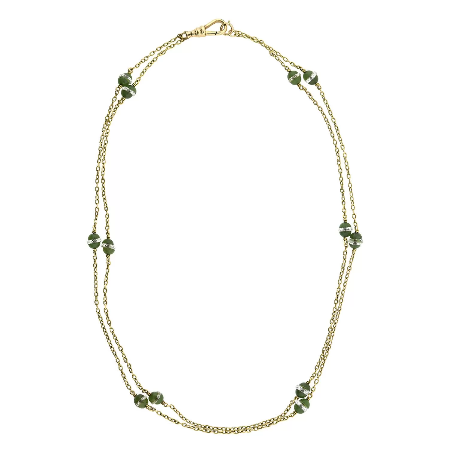 Late Victorian 14kt Rock Quartz Crystal   Jade Chain Necklace