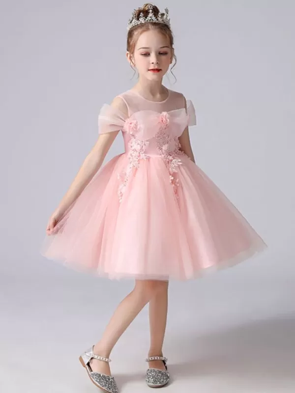 Light Pink  A-Line Flower Girl Dresses Sleeves Knee-Length Flowers Kids Party Dresses