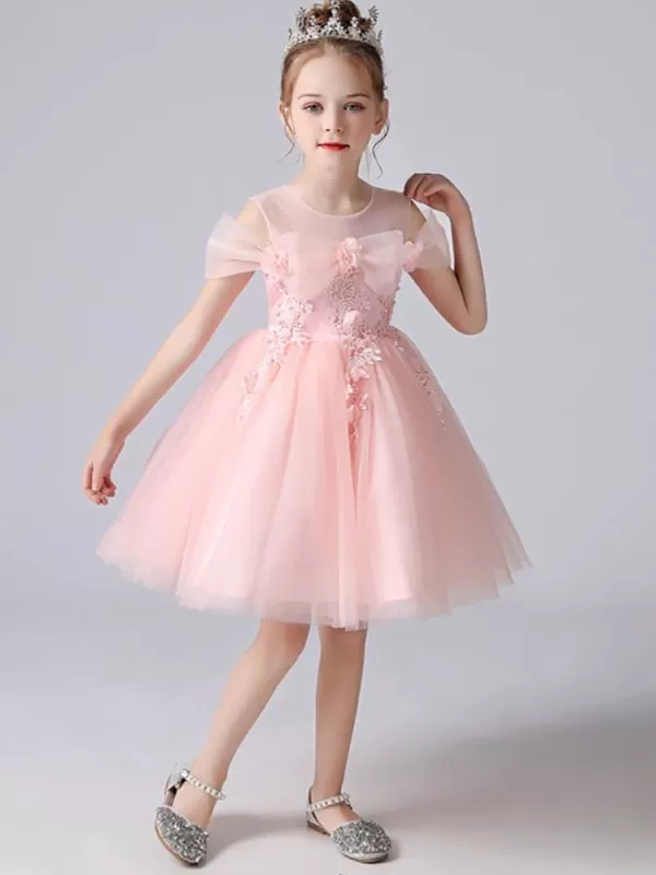 Light Pink  A-Line Flower Girl Dresses Sleeves Knee-Length Flowers Kids Party Dresses