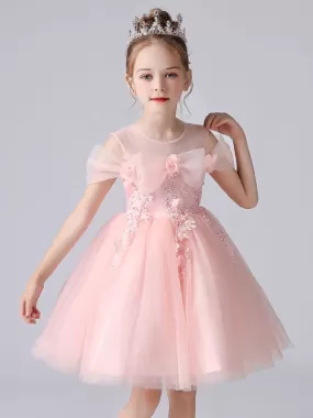 Light Pink  A-Line Flower Girl Dresses Sleeves Knee-Length Flowers Kids Party Dresses