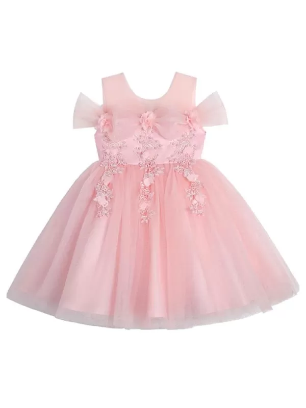 Light Pink  A-Line Flower Girl Dresses Sleeves Knee-Length Flowers Kids Party Dresses