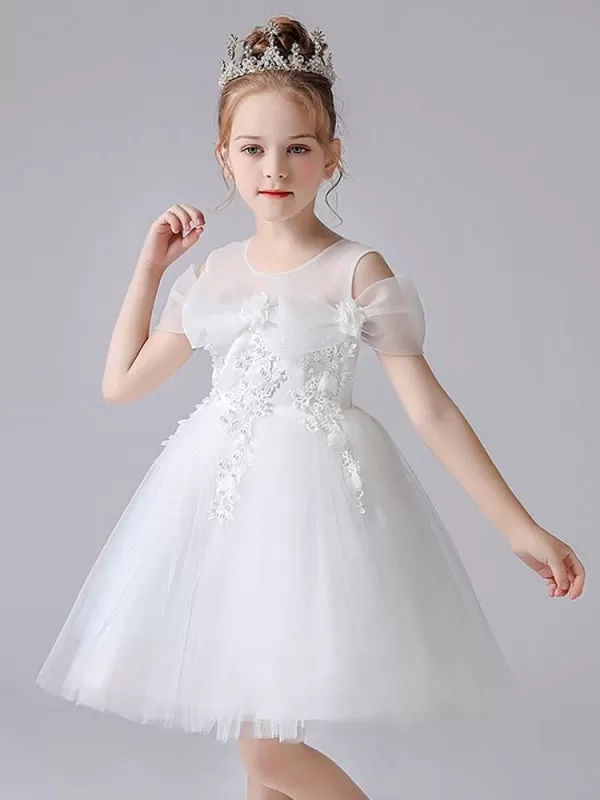 Light Pink  A-Line Flower Girl Dresses Sleeves Knee-Length Flowers Kids Party Dresses