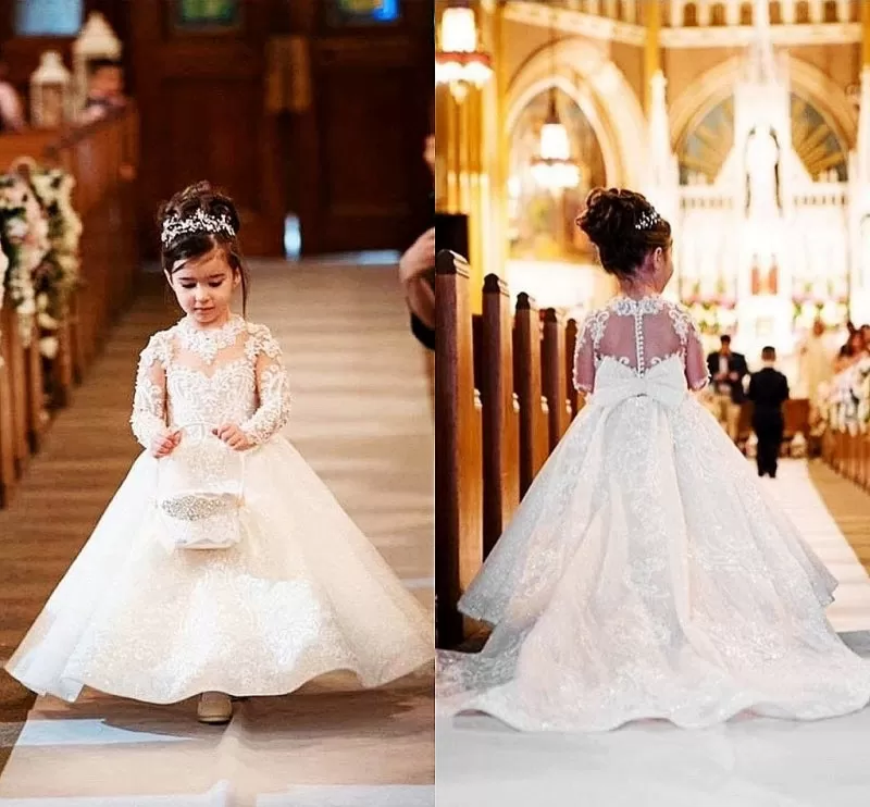 Long Sleeves Jewel Princess Long Lace Flower Girl Dresses