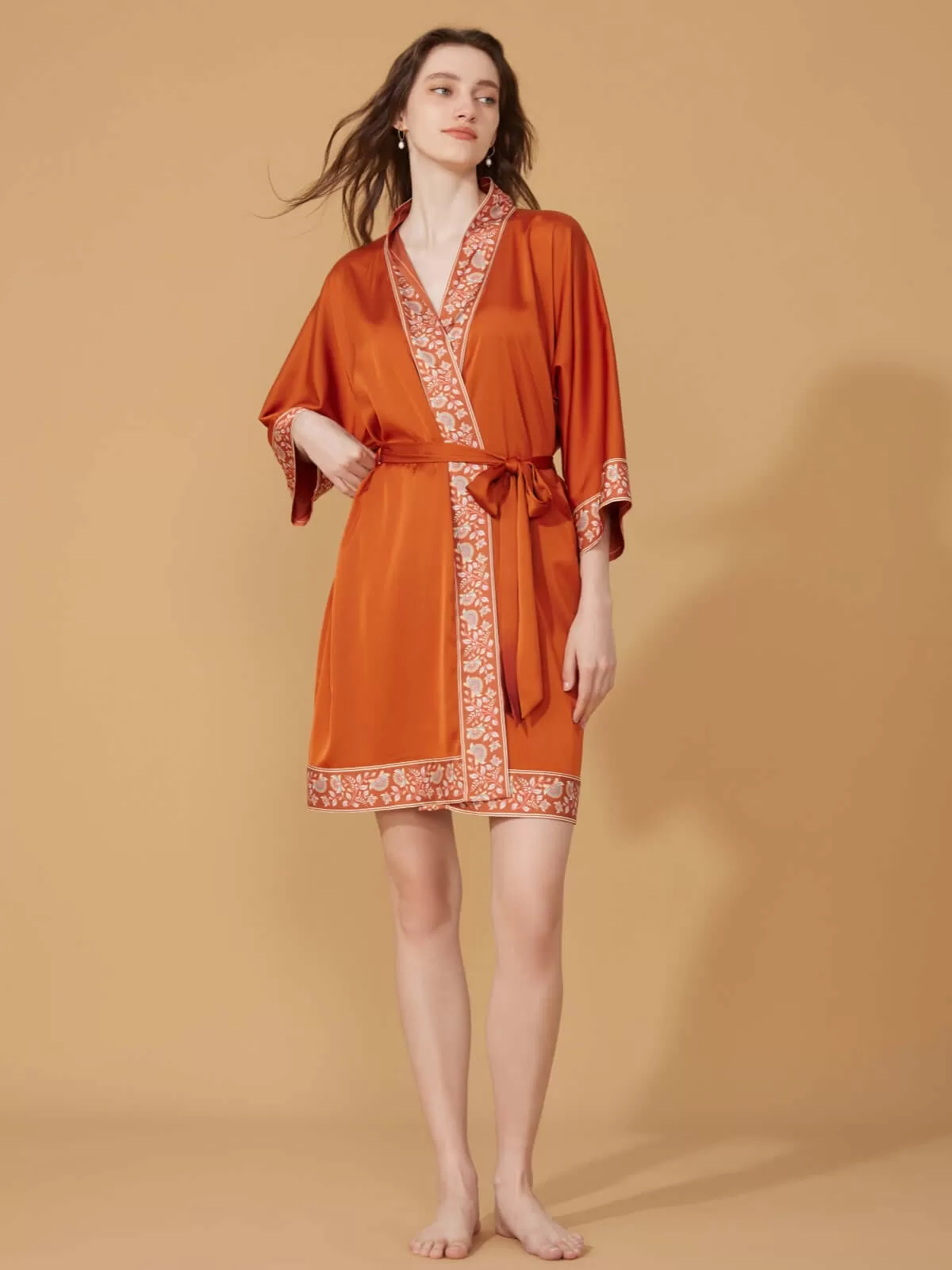 Luxuriously Orange Embellished Flower Short Robe