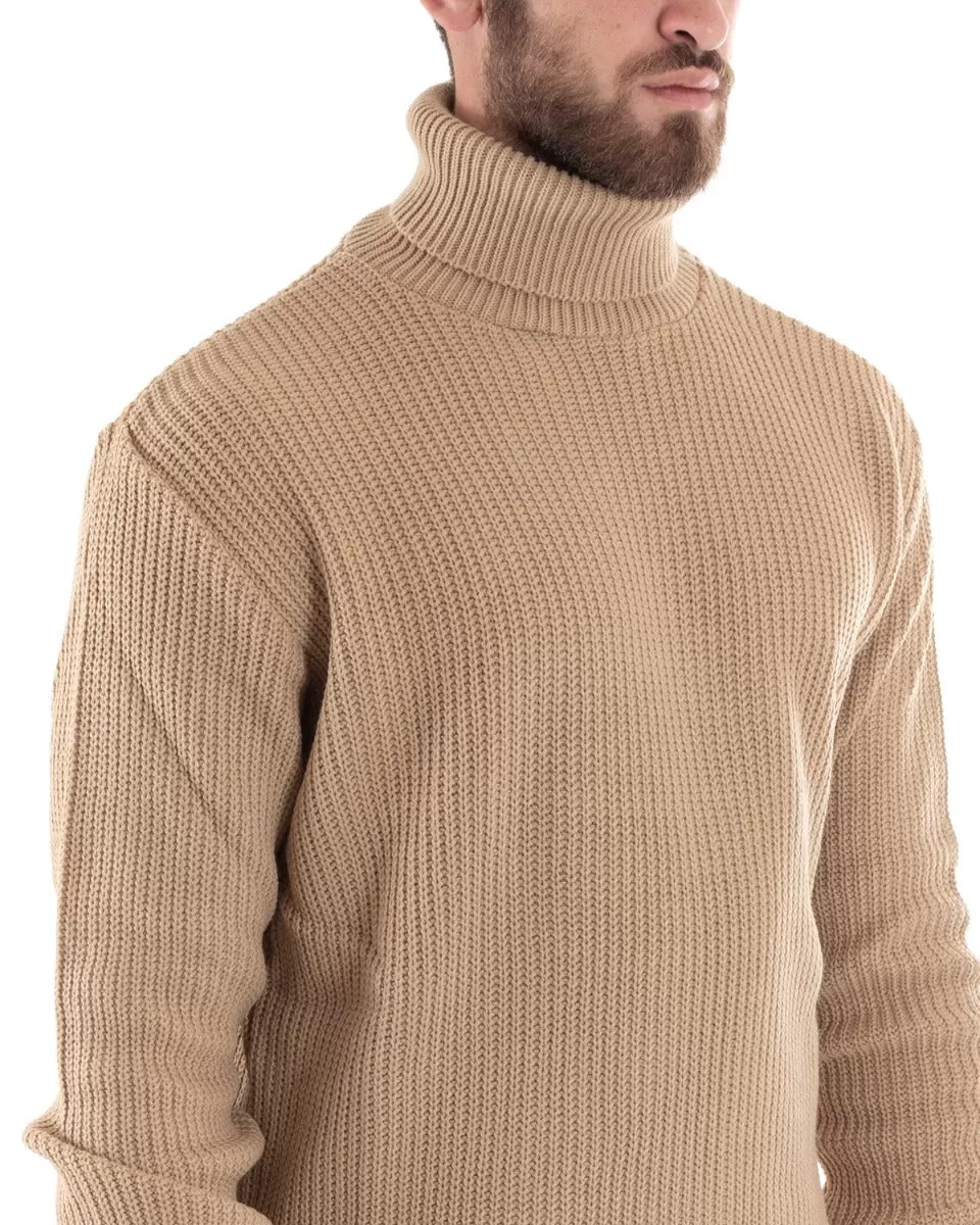 Maglioncino Uomo Collo Alto Tinta Unita Beige Maglia Inglese Dolcevita Basic GIOSAL-M2349A